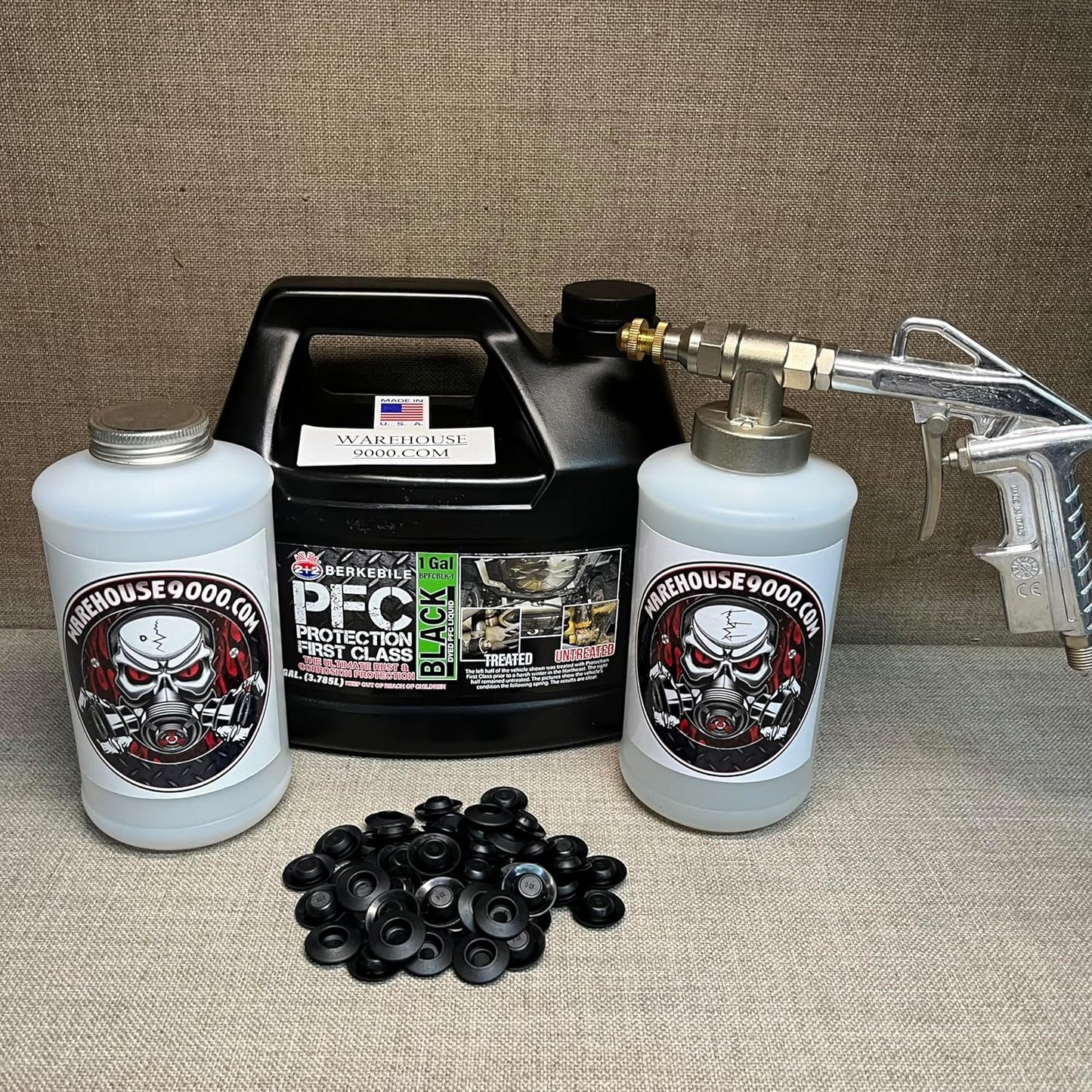 Gallon PFC Black, Pro Undercoating Spray Gun, 2 White Quart Bottles, and 50 Rust Plugs