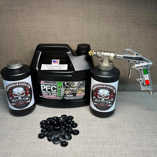 Gallon PFC Black, Pro Undercoating Spray Gun, 2 Black Quart Bottles, and 50 Rust Plugs