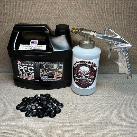 Gallon PFC Amber, Pro Undercoating Spray Gun, 1 White Quart Bottle, and 50 Rust Plugs