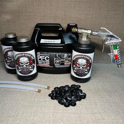 Gallon PFC Amber, Pro Undercoating Spray Gun, 3 Black Quart Bottles, 2 Wands, and 50 Rust Plugs