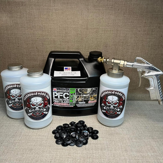 Gallon PFC Black, Pro Undercoating Spray Gun, 3 White Quart Bottles, and 50 Rust Plugs