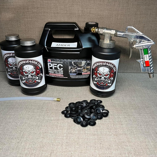 Gallon PFC Amber, Pro Undercoating Spray Gun, 24" Straight Wand, 3 Black Quart Bottle, and 50 Rust Plugs