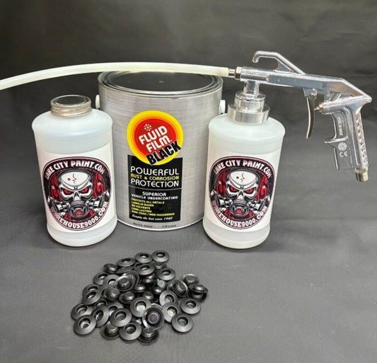 Gal. Fluid Film Black, Semi Pro Undercoating Gun, 1 Wand, 2 W Qt. Bottles, and 50 Rust Plugs