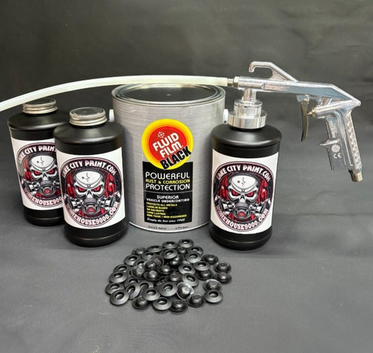 Gal. Fluid Film Black, Semi Pro Undercoating Gun, 1 Wand, 3 B Qt. Bottles, and 50 Rust Plugs