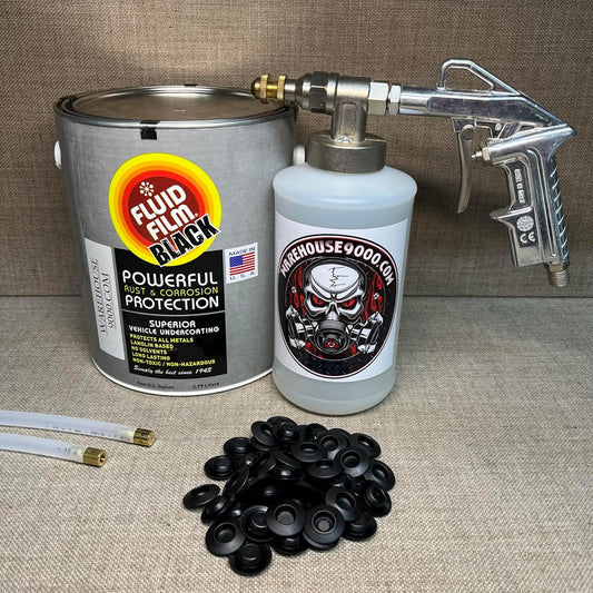 Gallon Fluid Film Black, Pro Undercoating Spray Gun, 2 Wands,1 White Quart Bottle, and 50 Rust Plugs