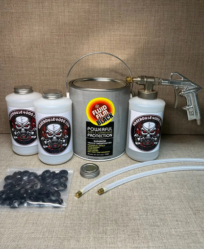 Gallon Fluid Film Black, Pro Undercoating Spray Gun, 2 Wands, 3 Quart Bottles, and 50 Rust Plugs