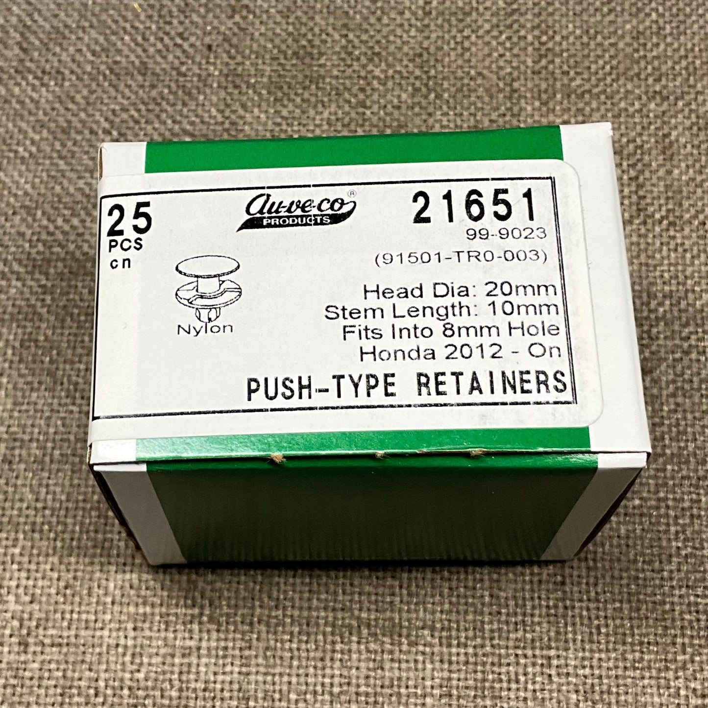 Auveco 21651  Push Type Retainer, 20mm Head, 8mm Hole, for Honda 91501-TRO-003