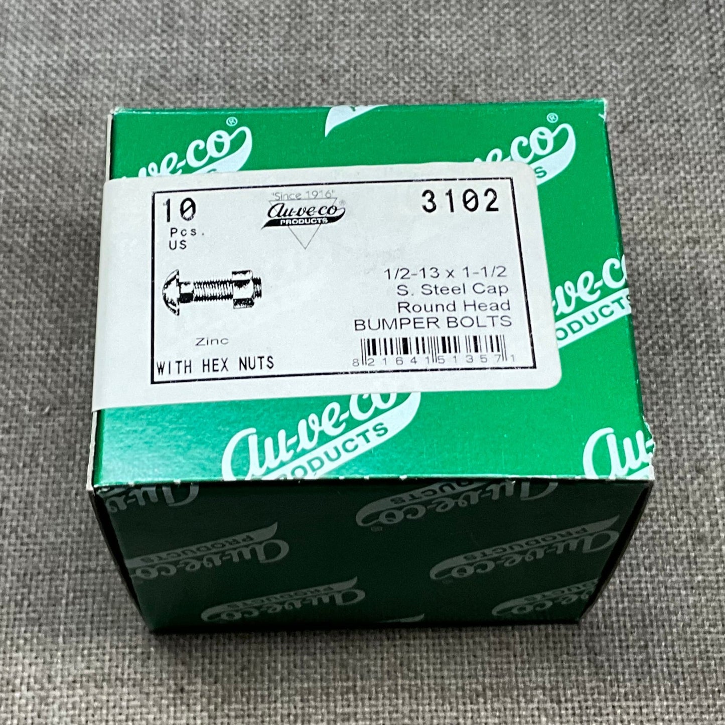 Auveco 3102 10 PC 1/2-13 X 1-1/2  S.S. Cap Zinc Bumper Bolts w/Nuts Made in USA
