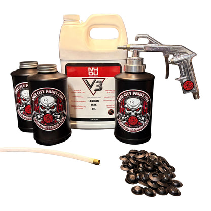 NHOU V3 undercoating kit with spray gun, quart bottles, hose and rust prevention accessories
