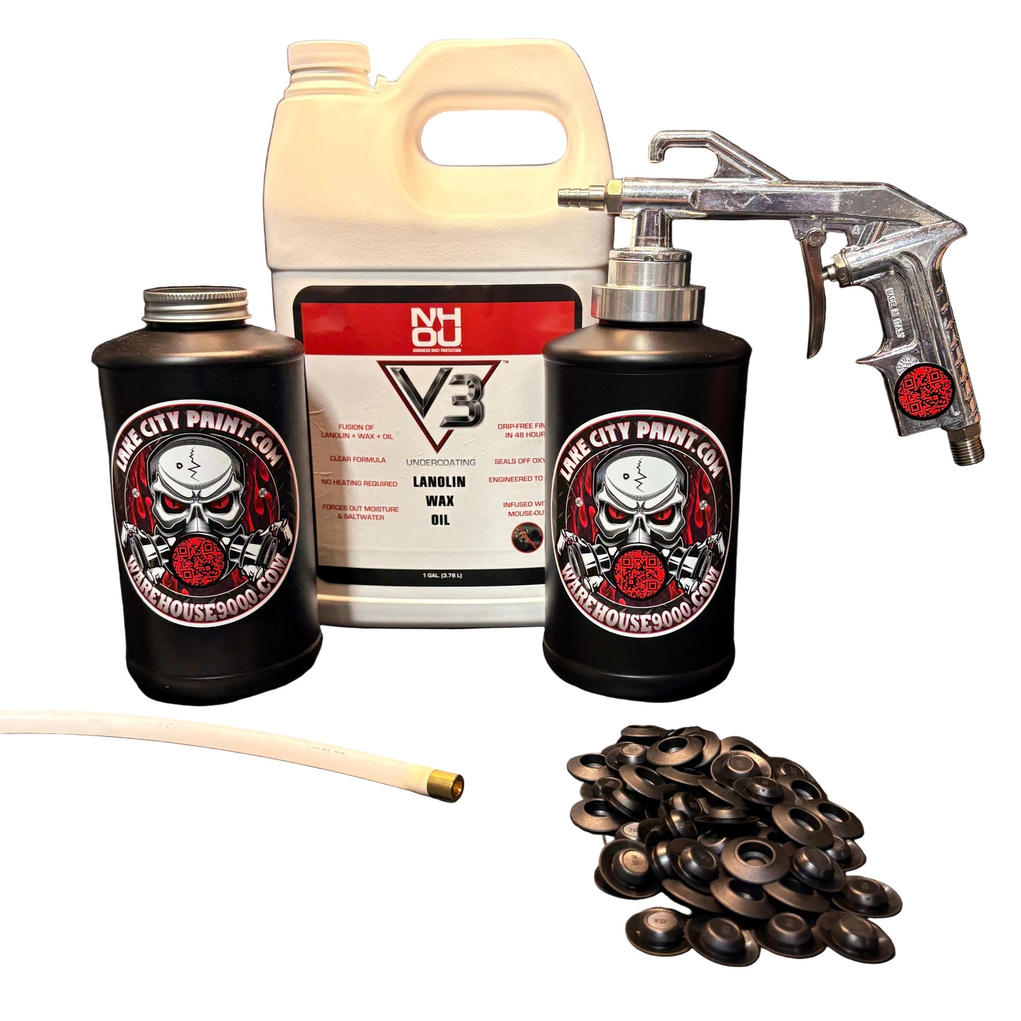 NHOU V3 undercoating kit with spray gun, quart bottles, hose and rust prevention accessories

