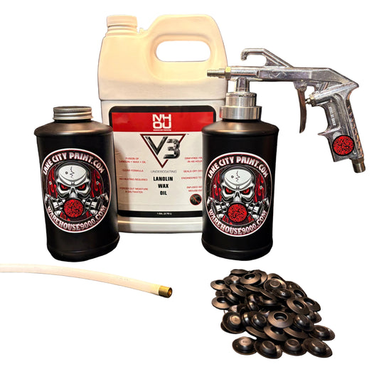NHOU V3 undercoating kit with spray gun, quart bottles, hose and rust prevention accessories
