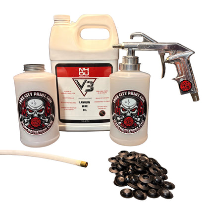 NHOU V3 undercoating kit with spray gun, quart bottles, hose and rust prevention accessories
