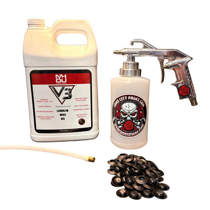 NHOU V3 undercoating kit with spray gun, quart bottles, hose and rust prevention accessories
