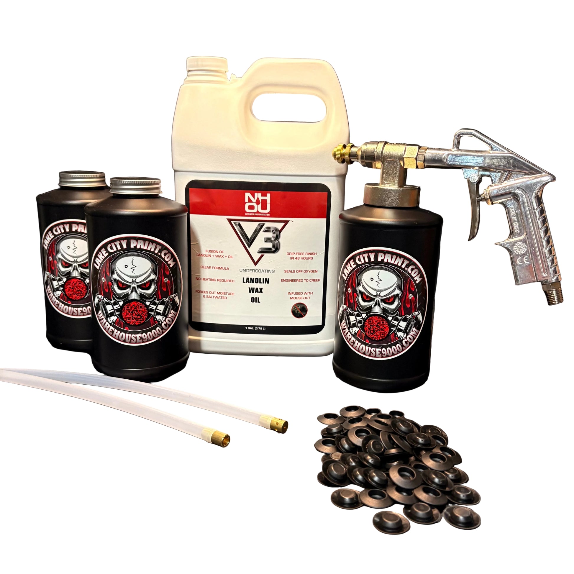 NHOU V3 undercoating kit with spray gun, quart bottles, hose and rust prevention accessories
