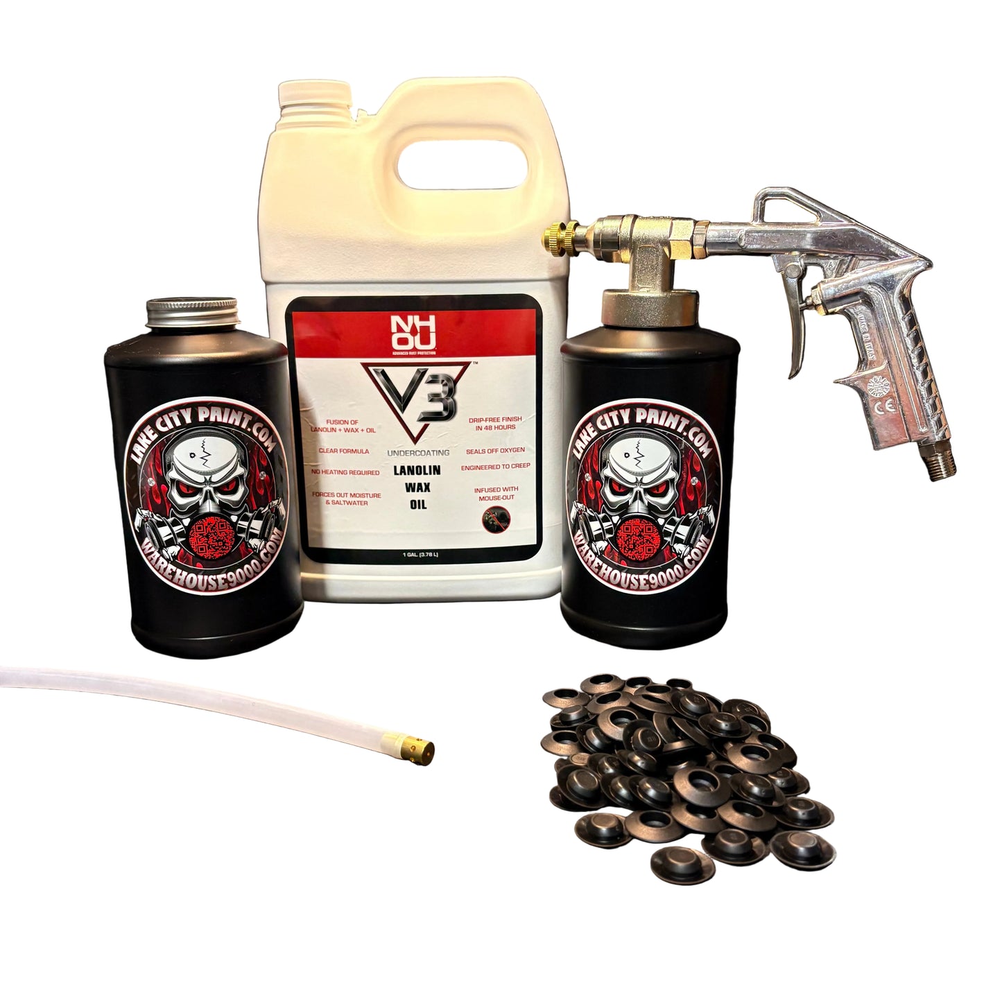 NHOU V3 undercoating kit with spray gun, quart bottles, hose and rust prevention accessories
