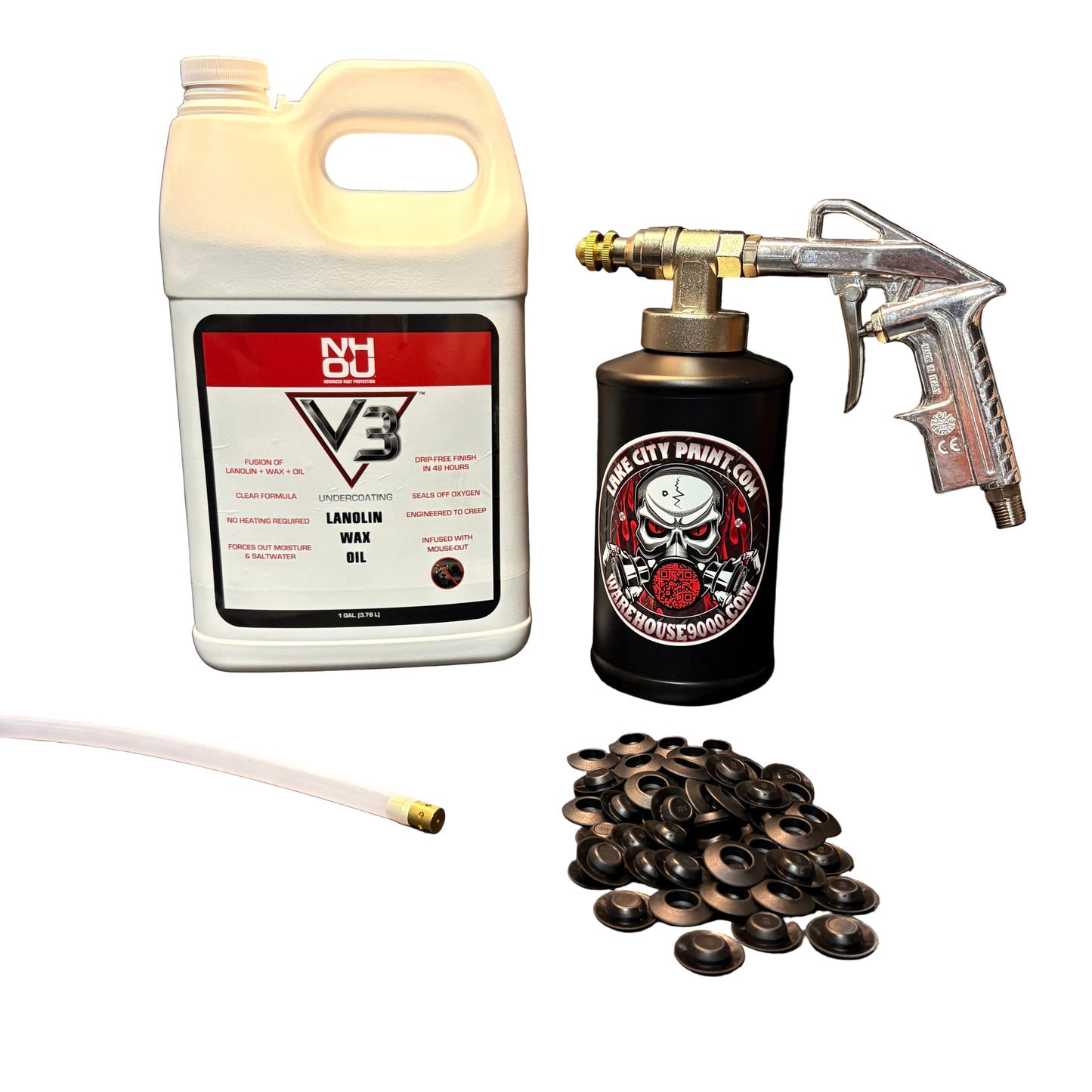 NHOU V3 undercoating kit with spray gun, quart bottles, hose and rust prevention accessories
