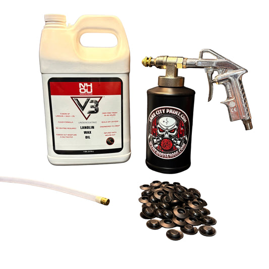 NHOU V3 undercoating kit with spray gun, quart bottles, hose and rust prevention accessories
