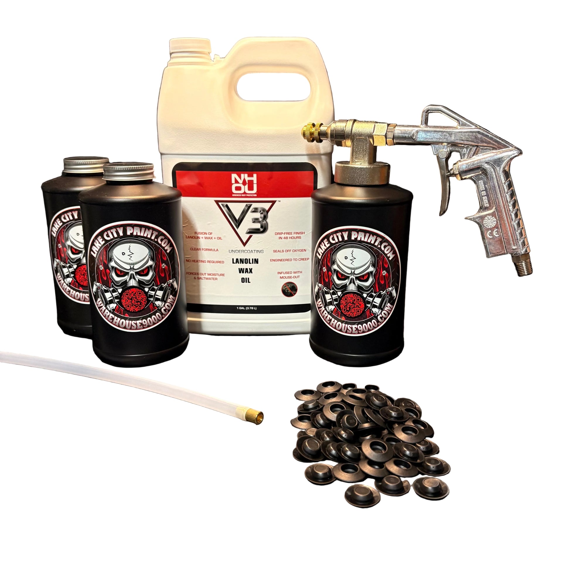 NHOU V3 undercoating kit with spray gun, quart bottles, hose and rust prevention accessories

