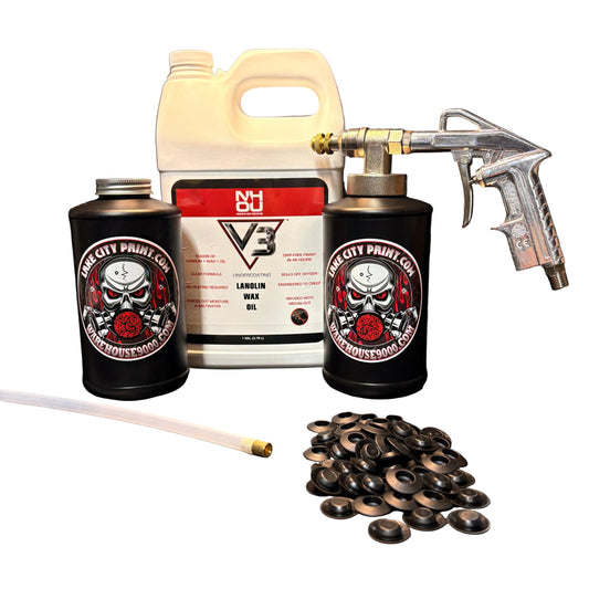 NHOU V3 undercoating kit with spray gun, quart bottles, hose and rust prevention accessories
