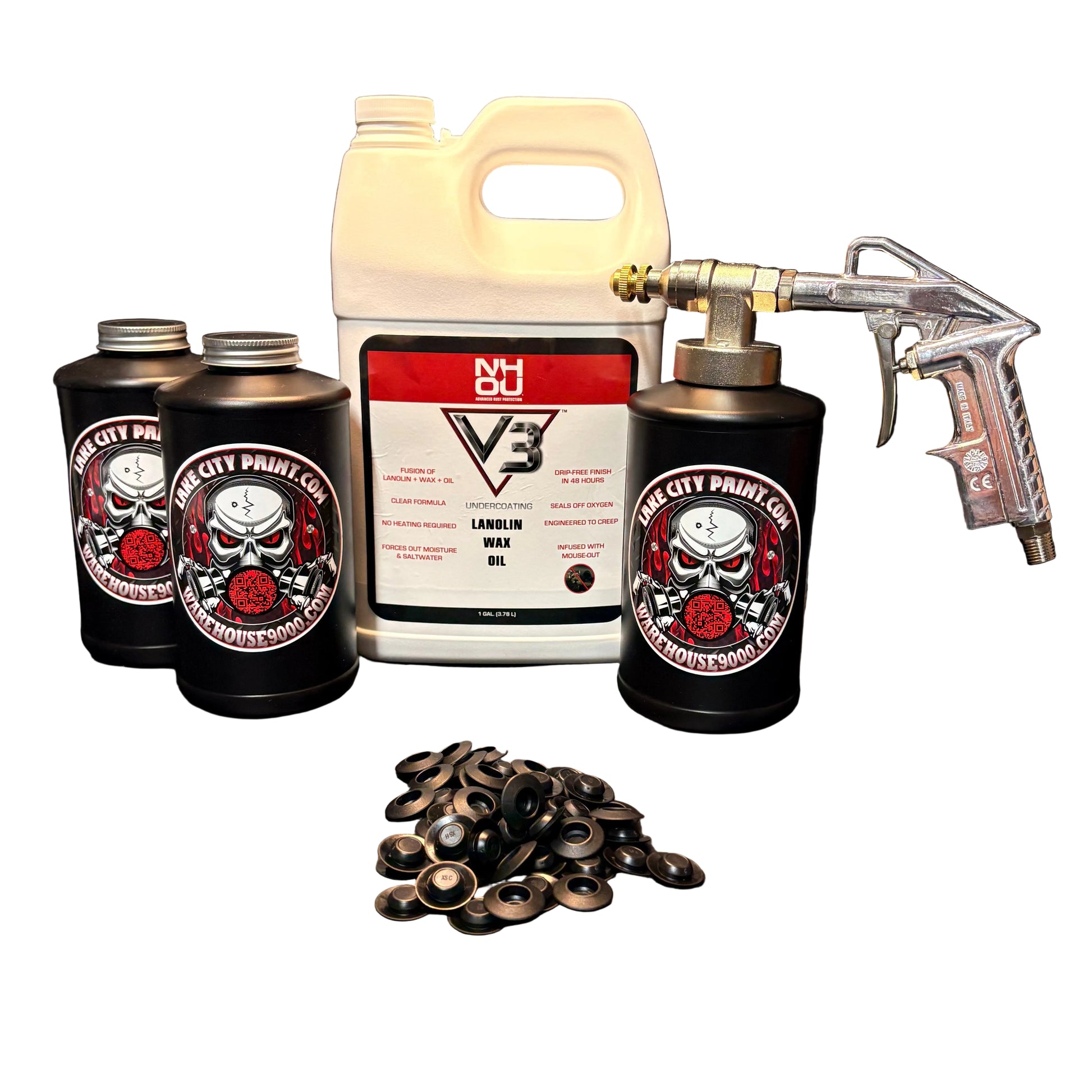 NHOU V3 undercoating kit with spray gun, quart bottles, hose and rust prevention accessories
