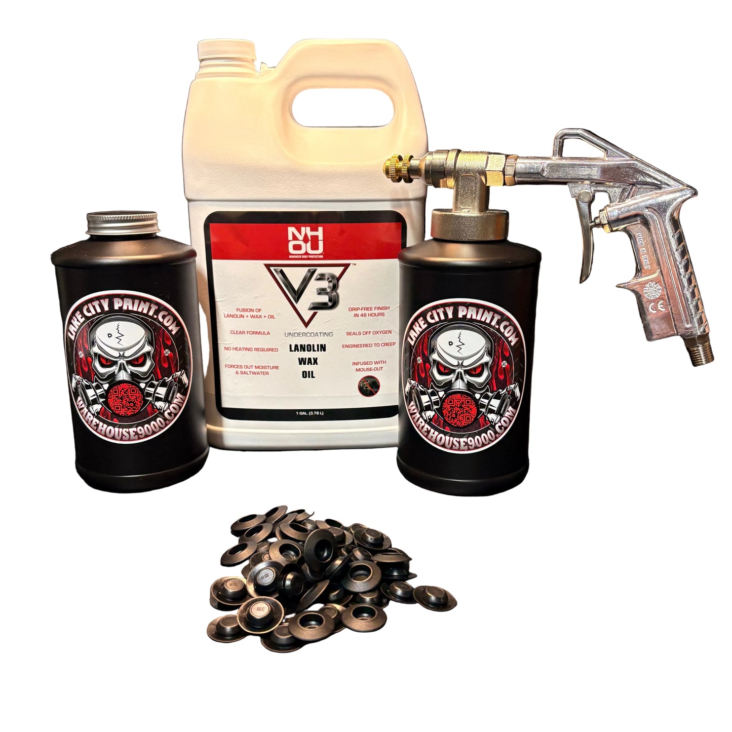 NHOU V3 undercoating kit with spray gun, quart bottles, hose and rust prevention accessories

