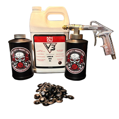 NHOU V3 undercoating kit with spray gun, quart bottles, hose and rust prevention accessories
