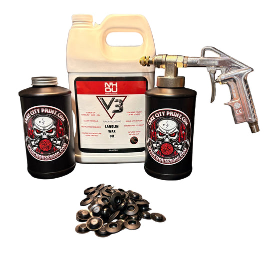 NHOU V3 undercoating kit with spray gun, quart bottles, hose and rust prevention accessories

