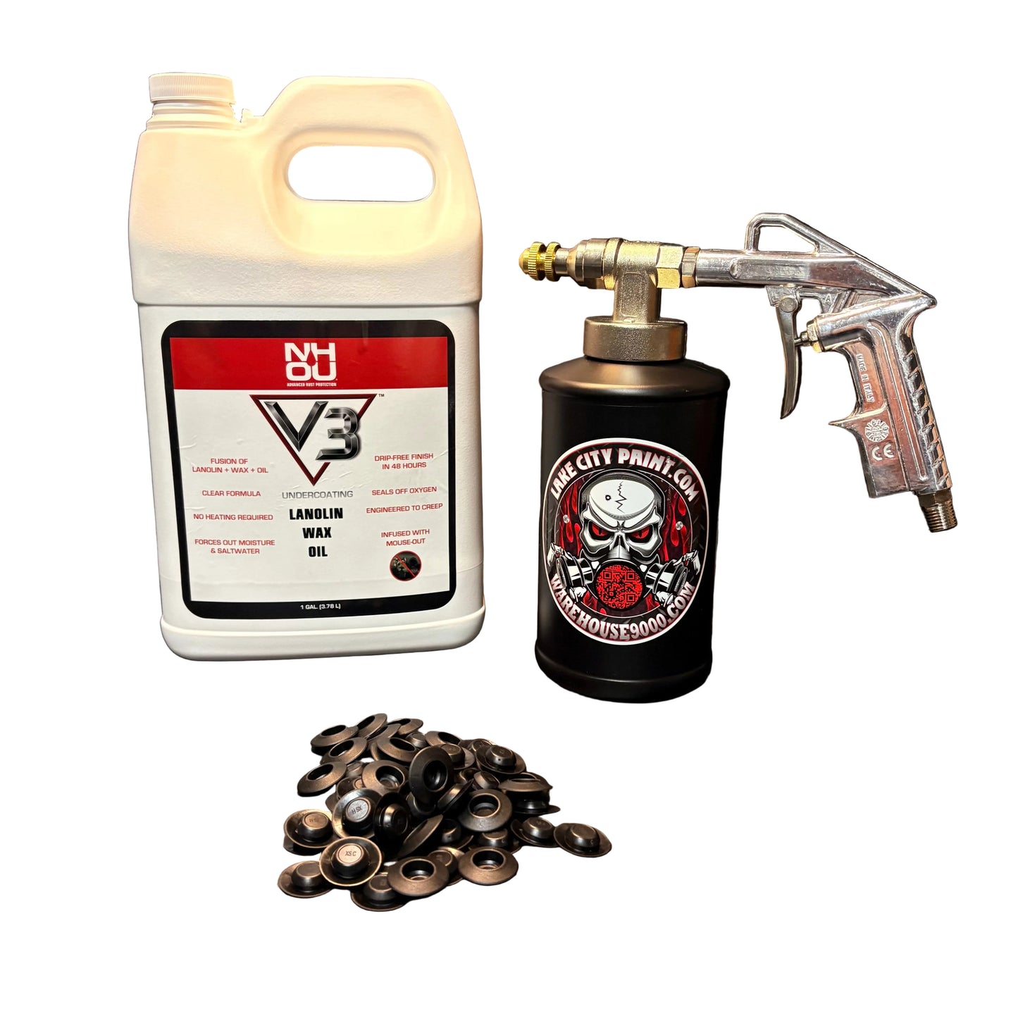 NHOU V3 undercoating kit with spray gun, quart bottles, hose and rust prevention accessories
