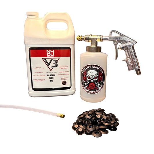 NHOU V3 undercoating kit with spray gun, quart bottles, hose and rust prevention accessories
