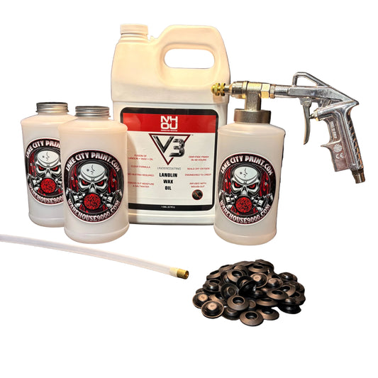 NHOU V3 undercoating kit with spray gun, quart bottles, hose and rust prevention accessories
