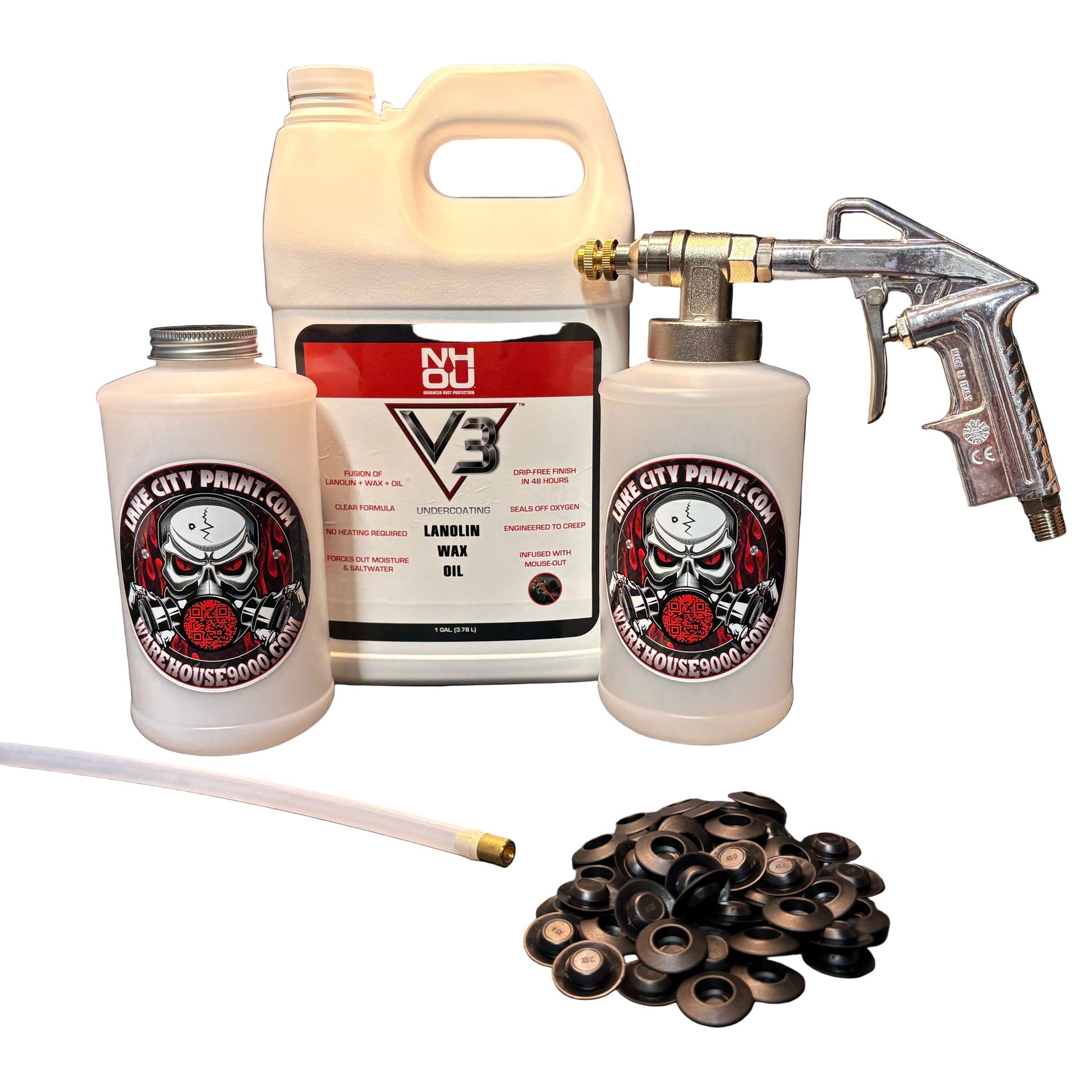 NHOU V3 undercoating kit with spray gun, quart bottles, hose and rust prevention accessories
