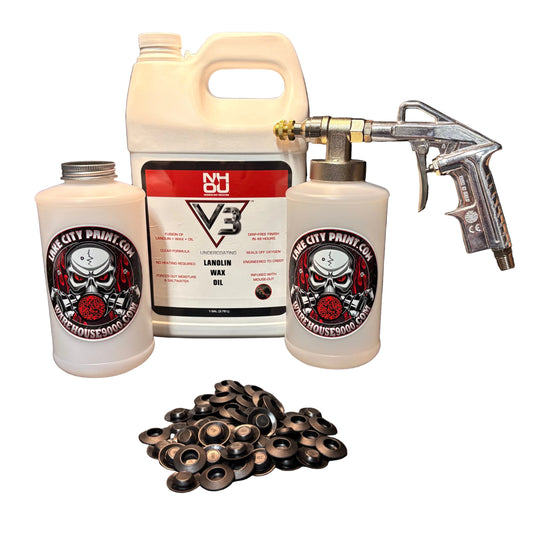NHOU V3 undercoating kit with spray gun, quart bottles, hose and rust prevention accessories
