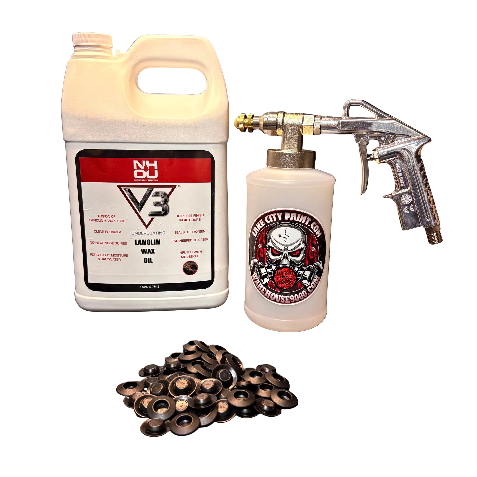 NHOU V3 undercoating kit with spray gun, quart bottles, hose and rust prevention accessories
