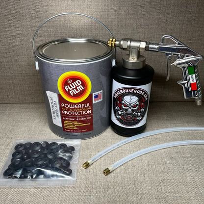Gallon Fluid Film Amber, Pro Undercoating Spray Wand, 1 Quart Bottle, 2 Spray Wands, and 50 Rust Plugs