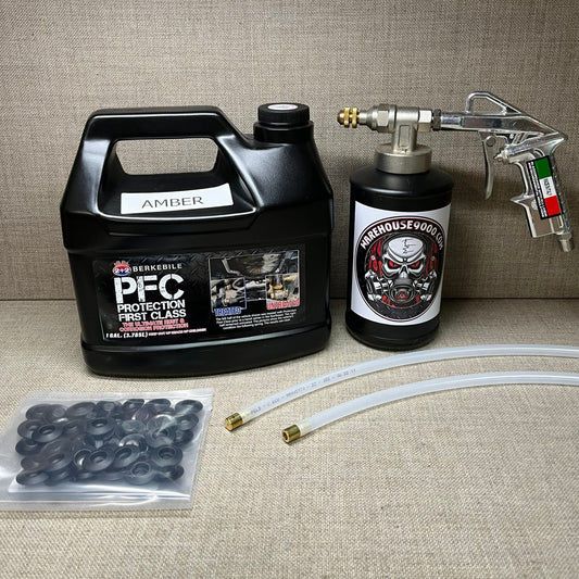 1 Gallon PFC Amber, Pro Undercoating Spray Gun, 2 Spray Wands, 1 Quart Bottle, and 50 Rust Plugs