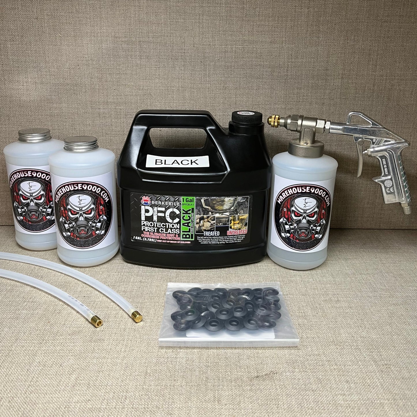 1 Gallon PFC Black, Pro Undercoating Spray Gun, 2 Spray Wands, 3 Quart Bottles, and 50 Rust Plugs