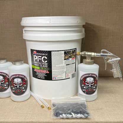 5 Gallon PFC Black, Pro Undercoating Spray Gun, 2 Wands, 3 Quart Bottles, and 50 Rust Plugs