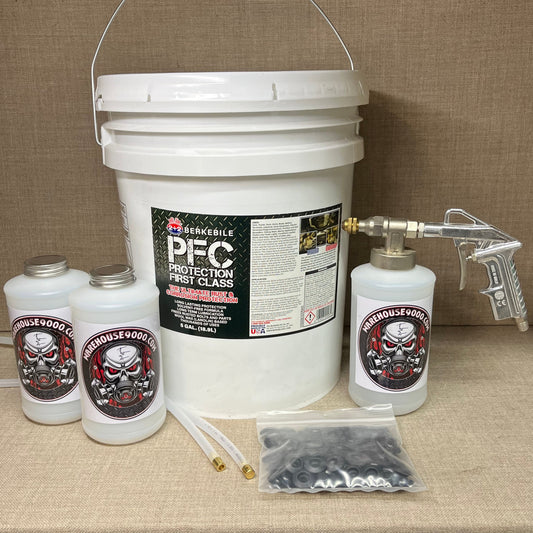 5 Gallon PFC Amber, Pro Undercoating Spray Gun, 2 Spray Wands, 3 Quart Bottles, and 50 Rust Plugs