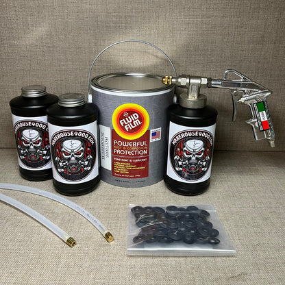 1 Gallon Fluid Film Amber, Pro Undercoating Spray Gun, 2 Spray Wands, 3 Quart Bottles, and 50 Rust Plugs