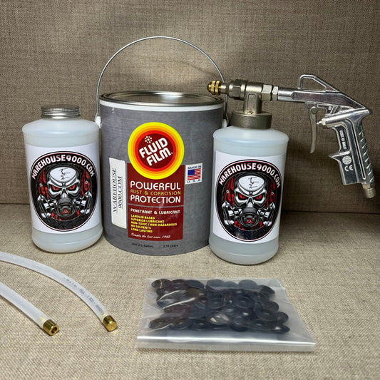 1 Gallon Fluid Film Amber, Pro Undercoating Spray Gun, 2 Spray Wands, 2 Quart Bottles, and 50 Rust Plugs