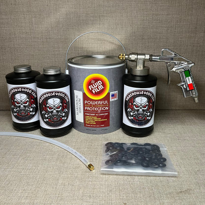 Gallon Fluid Film Amber, Pro Undercoating Spray Gun, 360* Spray Wand, 3 Quart Bottles, and 50 Rust Plugs