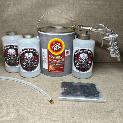 1 Gallon Fluid Film Amber, Pro Undercoating Spray Gun, 360* Spray Wand, 3 Quart Bottles, and 50 Rust Plugs