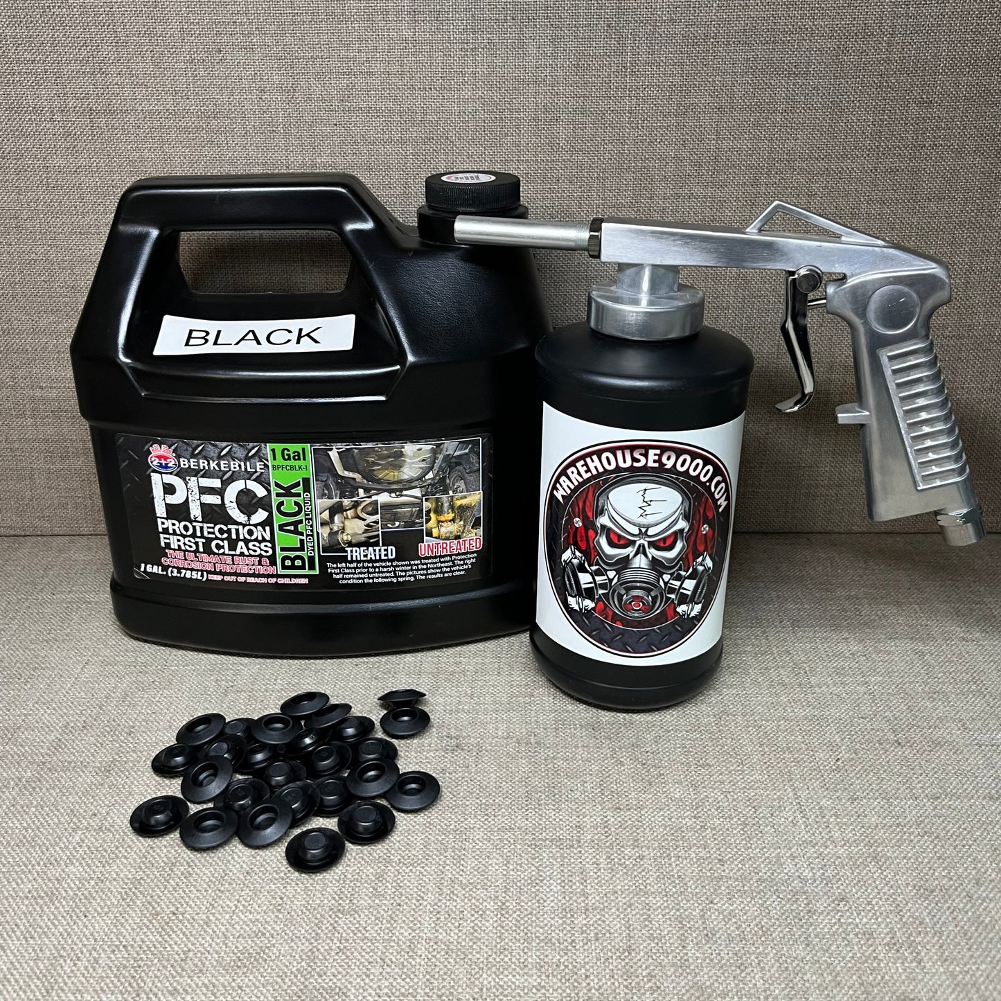 1 Gallon PFC Black, Standard Economy Undercoating Spray Gun, 1 Quart Bottle, and 50 Rust Plugs