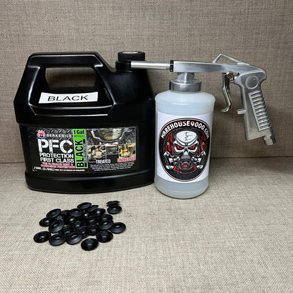 1 Gallon PFC Black, Standard Economy Undercoating Spray Gun, 1 Quart Bottle, and 50 Rust Plugs