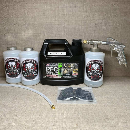 1 Gallon PFC Black, Pro Undercoating Spray Gun, 360* Spray Wand, 3 Quart Bottles, and 50 Rust Plugs