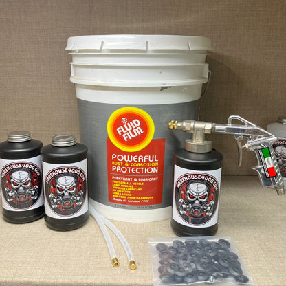 5 Gallon Fluid Film Amber, Pro Undercoating Spray Gun, 2 Wands, 3 Quart Bottles, and 50 Rust Plugs