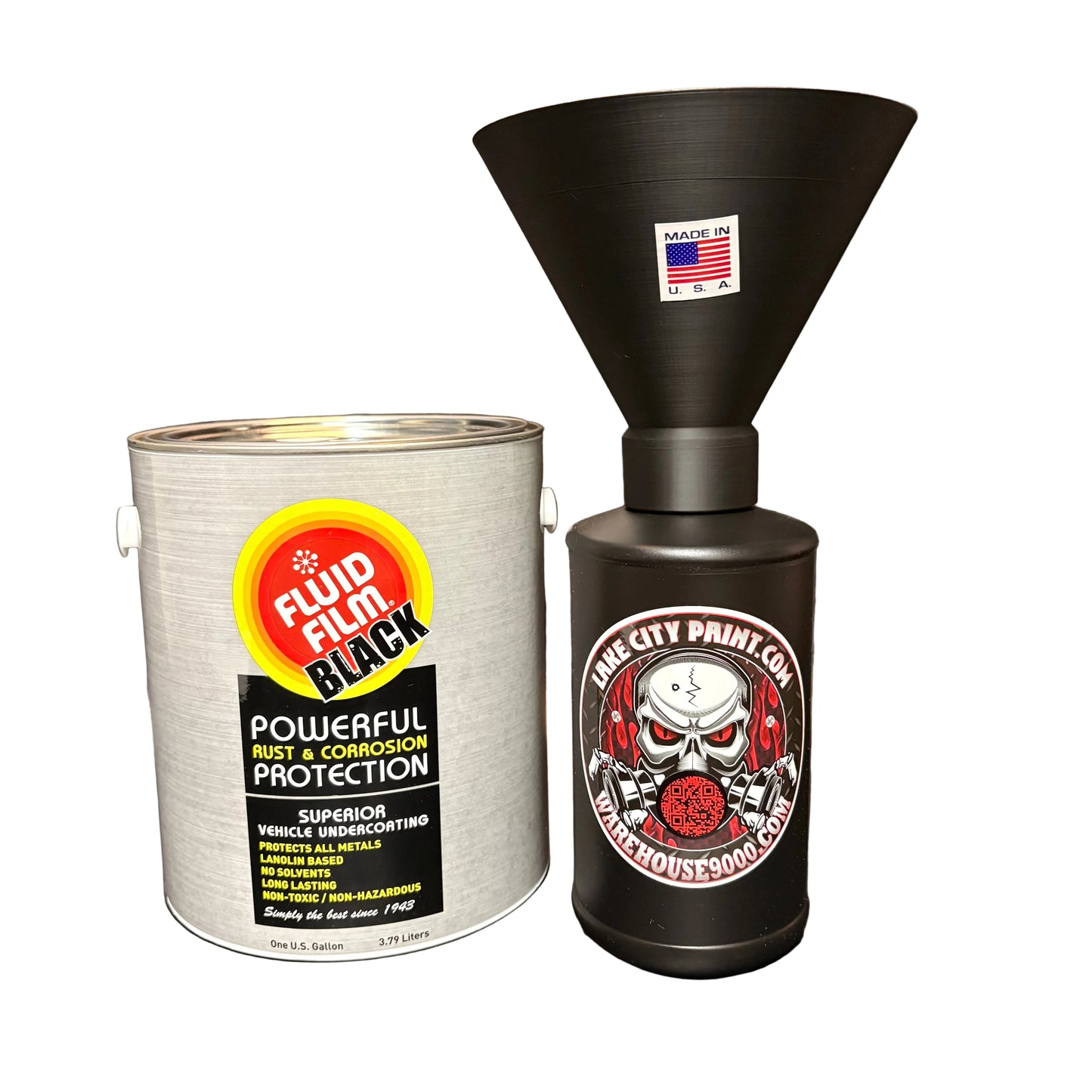 Fluid Film gallon with threaded funnel and quart bottle for clean undercoating fluid transfer and rust prevention application