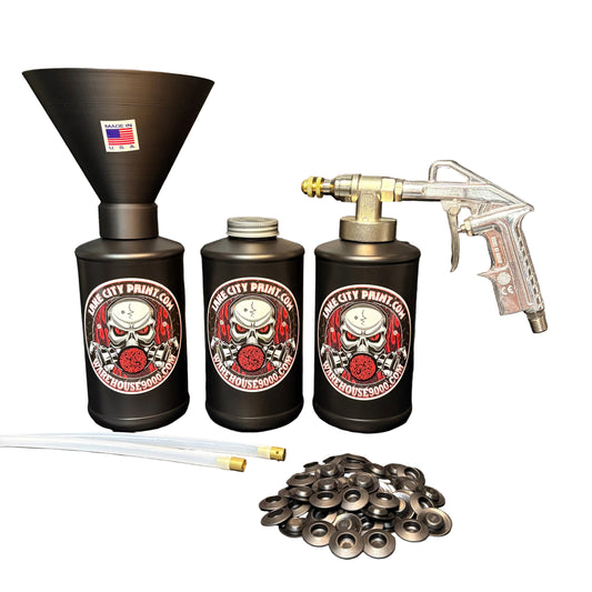 undercoating kit with spray gun, funnel, quart bottles, hose and rust prevention accessories