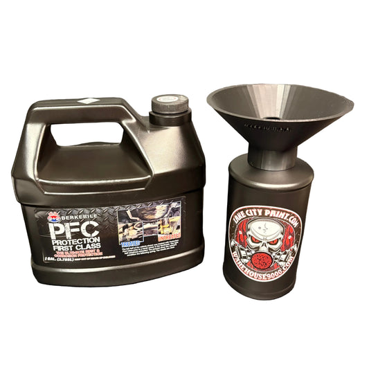 Berkebile PFC Amber Gallon + Threaded Funnel Kit – Quart Bottle Included | No Mess Undercoating Setup