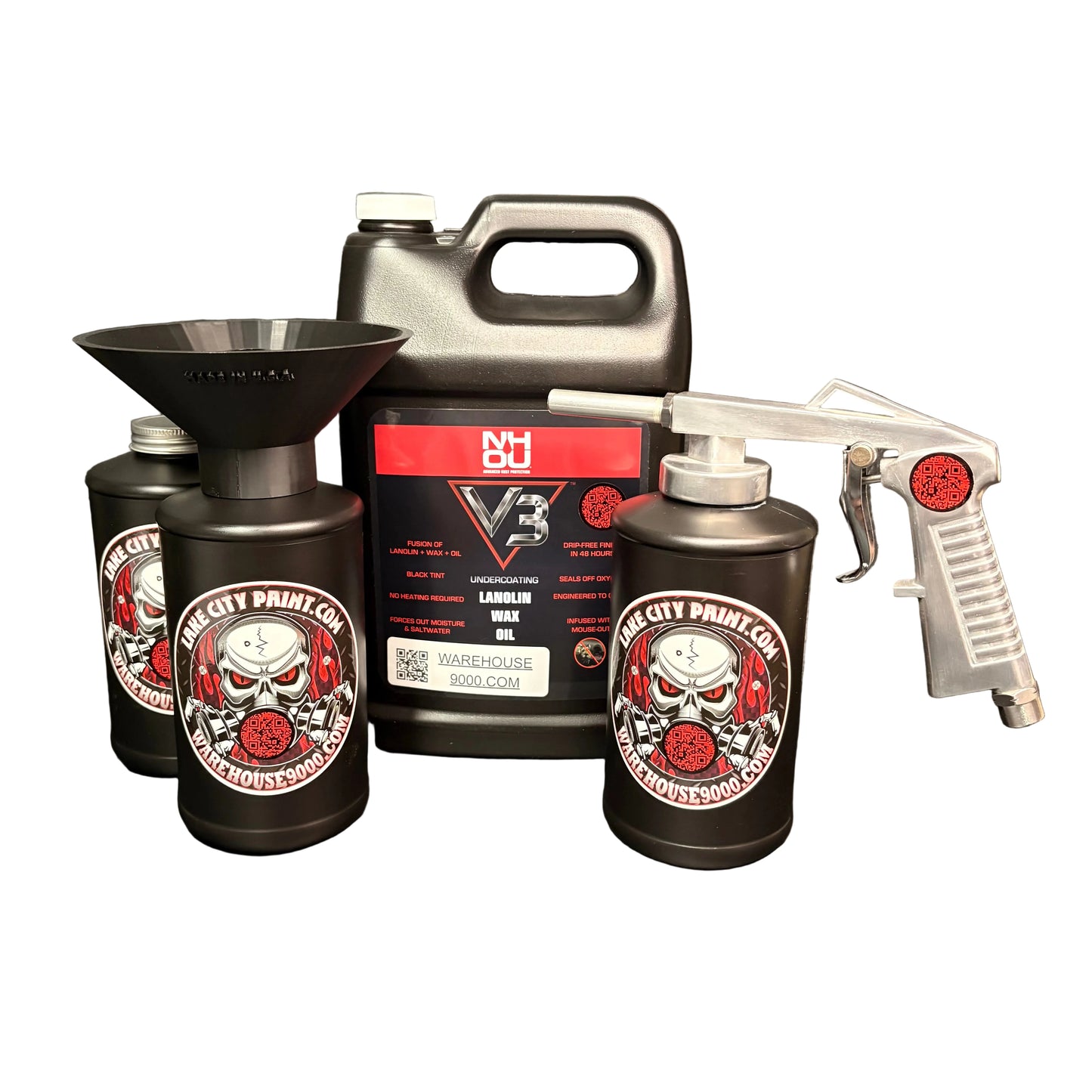 NHOU V3 Black Standard Economy Undercoating Gun & Threaded Funnel Kit (3 B Quart Bottles)